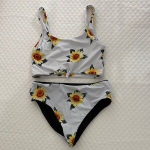 Sunflower Print Kids Two piece Swimsuit with reversible bottoms